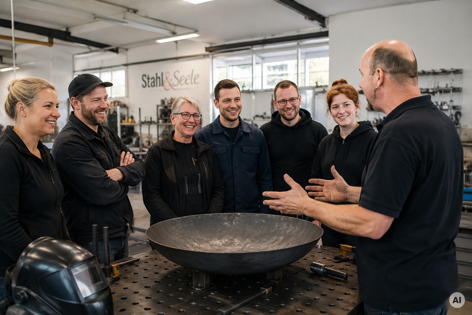Ralf erklärt einer kleinen Gruppe etwas in der Werkstatt