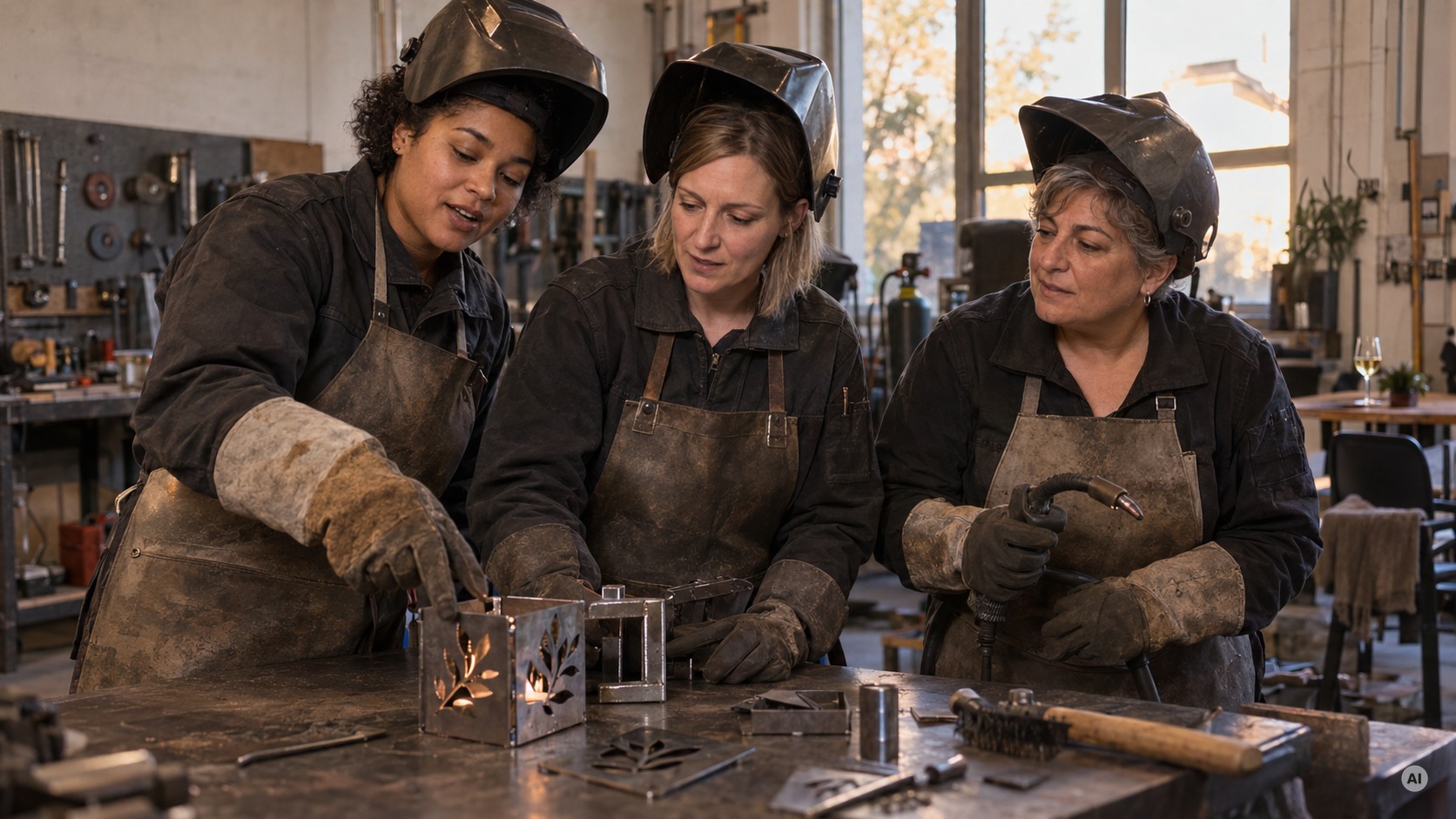Drei Frauen arbeiten gemeinsam an ihrem Weld & Wine Projekt in der Werkstatt